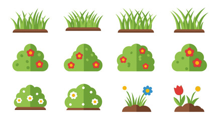 Grass and Bushes Garden Flat Icon Collection Vector