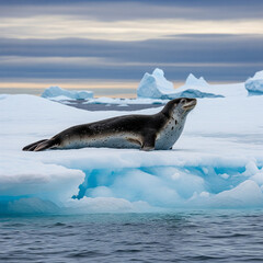 Fototapeta premium Leopard Seal Resting on Antarctic Ice Flow