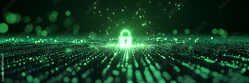 Canvas Prints vast sea of shimmering digital data points - a radiant padlock stands as a beacon of cybersecurity a