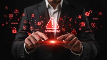 A system warning cybersecurity data protection hacking alert digital security risk technology mobile device busines concept with businessman receiving system warning smartphone, alerting cybersecur - Powered by Adobe