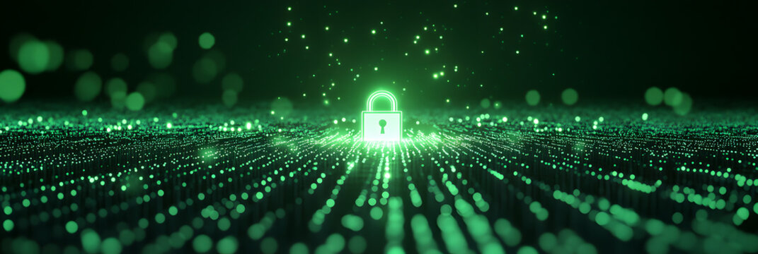 vast sea of shimmering digital data points - a radiant padlock stands as a beacon of cybersecurity and protection wide banner - green background