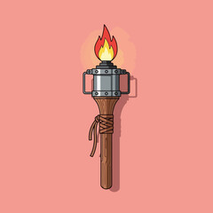 A vibrant cartoon illustration of a classic torch with a bright, warm flame, featuring a wooden handle and metallic accents, set against a soft pink background.