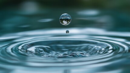 Artistic water droplet falling into pool, ultra-slow motion, macro details of surface tension and refraction