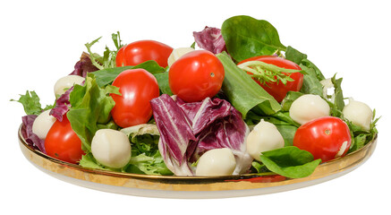 Fresh salad with cherry tomatoes, mixed greens and mozzarella balls served on a white plate with a gold rim.