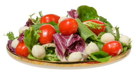 Fresh salad with cherry tomatoes, mixed greens and mozzarella balls served on a white plate with a gold rim.