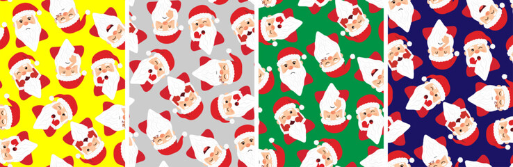 seamless christmas pattern set with cute santa claus faces different emotions yellow gray green blue backgrounds posters design wrapping cards
