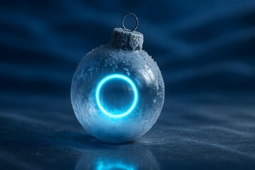 Windows 11 Wallpaper: Single blue glowing Christmas ornament with circular neon ring on soft frosty background for modern holiday theme