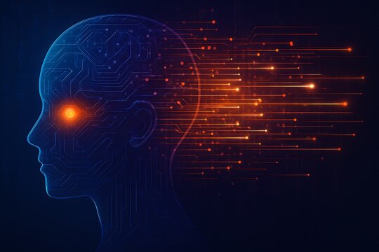 Futuristic digital ai head with glowing circuits and data flow