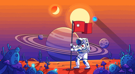 Vibrant vector illustration of a triumphant astronaut planting a flag on a strange alien planet with a cosmic background