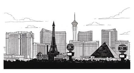 Obraz premium Las Vegas Strip sketch featuring famous hotels and casinos. A detailed hand-drawn black and white illustration of the entertainment capital.