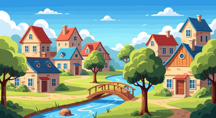 Picturesque cartoon village scene with colorful houses, a winding river, and a small wooden bridge under a clear blue sky