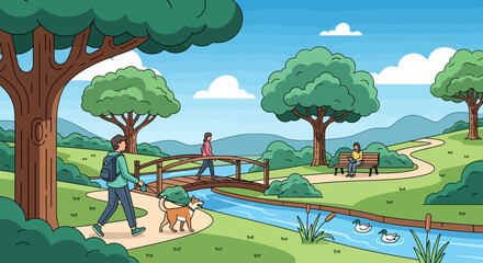 Scenic summer park landscape with people relaxing, walking a dog, and crossing a bridge over a calm stream