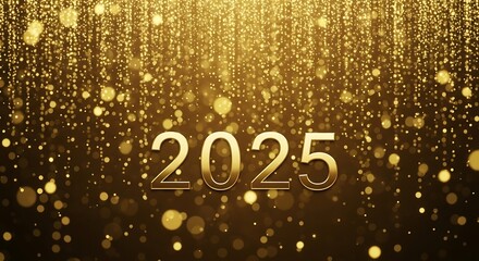 Shimmering Golden 2025 Celebration with Falling Bokeh Lights and Elegant Text.