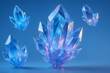 Windows 11 Wallpaper: Cluster of glowing crystal formations in blue and violet hues on soft blue background in fantasy style composition