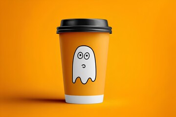 Orange coffee cup featuring a playful ghost illustration, set against a vibrant orange background, perfect for Halloween-themed beverages and festive celebrations