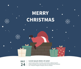 Christmas illustration card template with santa and gifts on the roof.
