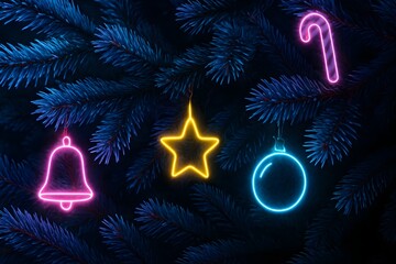 Windows 11 Wallpaper: Christmas icons like star, candy cane, and bell in glowing neon lights placed on pine texture background