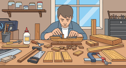 A focused young artisan meticulously assembling a wooden model ship, a detailed illustration of a creative woodworking hobby