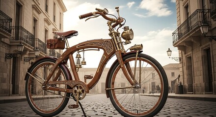 An Intricate Steampunk Bicycle Rides Through a Cobblestone Alleyway
