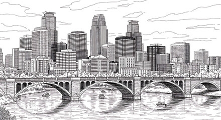 Minneapolis, Minnesota skyline sketch with the Stone Arch Bridge. Hand-drawn black and white vector illustration of the Twin Cities cityscape.