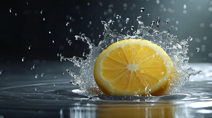 Dynamic 3D lemon juice explosion, citrus droplets radiating outward, ultra-realistic water simulation with refractive light effects