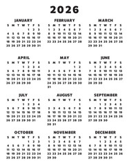2026 calendar black color. English vector illustration (week starts sunday)