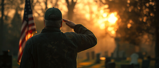 Veteran saluting american flag at sunset in cemetery memorial day