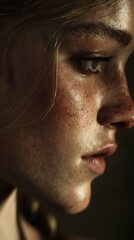 Obraz premium Half-body side view of a woman with natural skin details, realistic shadows, cinematic dark tone, detailed textures