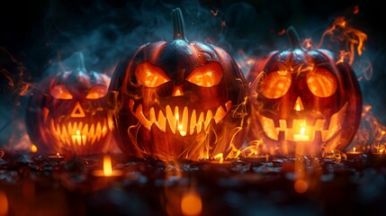 Spooky Halloween Pumpkins Glowing Carved Faces in the Dark