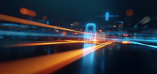 The Digital Lock Protecting Data in Neon Cybersecurity Visualization Scene