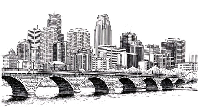 Minneapolis, Minnesota skyline sketch with the Stone Arch Bridge. Hand-drawn black and white vector illustration of the Twin Cities cityscape.