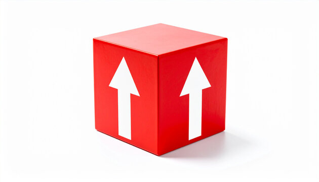 Red cube with bold white arrow pointing upward, white background. Market growth and success