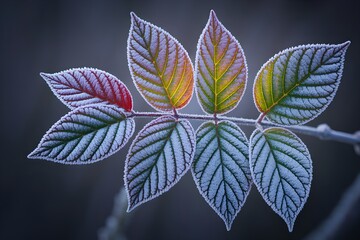 Windows 11 Wallpaper: Leaf cluster showing fall color change with pink, green, and yellow tones on soft dark background in botanical close-up