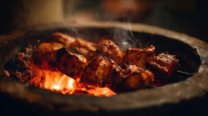 Tender kebabs sizzle over glowing embers in a traditional clay oven