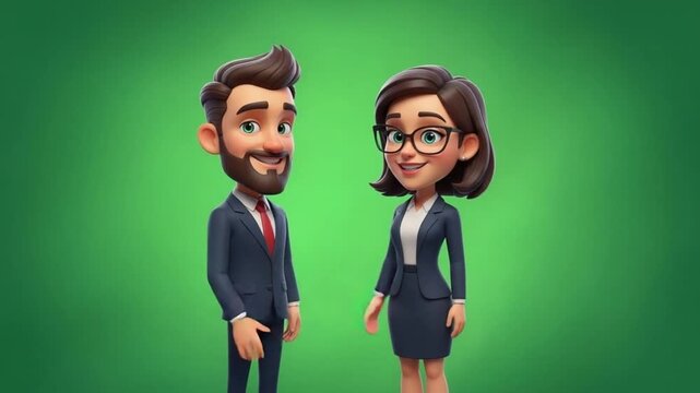 Two cartoon business professionals, a man and a woman, stand facing forward against a solid green background.