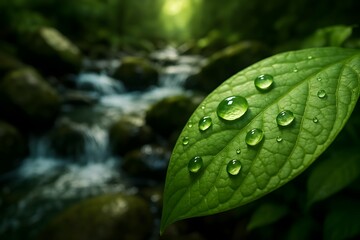 Windows 11 Wallpaper: Macro shot of green leaf with water droplets in forest showing texture, freshness, and natural hydration detail