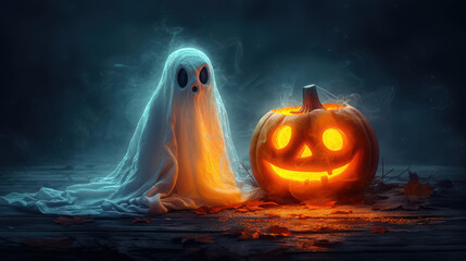 A spooky ghost and a glowing jackolantern sit together on a wooden surface in a dark, misty, and atmospheric setting, perfect for halloween