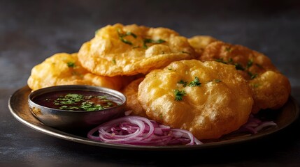 Golden fried Indian bread served with dipping sauce and fresh red onion slices