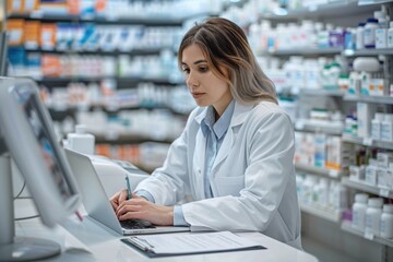 A pharmacist working on a laptop in a pharmacy with shelves of medication in the background view