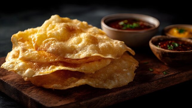 Golden crispy Indian papadum served with assorted dips and sauces on a wooden board
