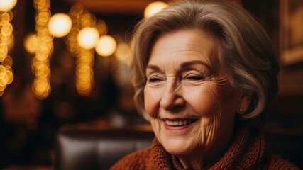 A smiling elderly woman with short grey hair, illuminated by warm ambient lighting. - Powered by Adobe