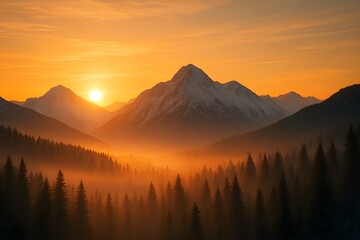Windows 11 Wallpaper: Morning sun rising over misty mountains with dramatic light shining through forested ridges in golden hour