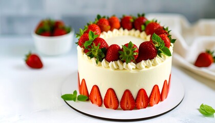 A round white-iced cake adorned with fresh strawberries