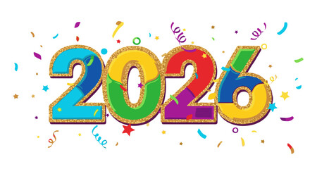 Fototapeta premium Vibrant confetti celebration greeting for 2025 with colorful balloon numbers and festive elements vector