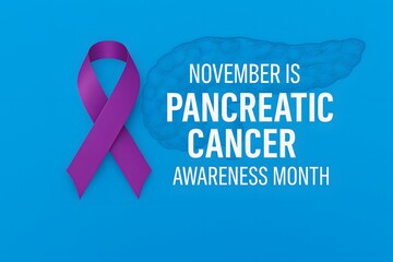 Purple ribbon and pancreas outline on blue background, symbolizing pancreatic cancer awareness, support, and November health campaigns