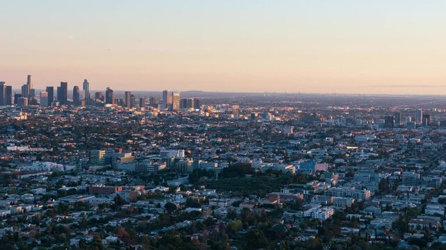 Los Angeles Downtown Sunset Cityscape from Griffith Park Time Lapse Pan L California USA