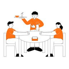 Minimalist Line Art People Dining at Restaurant with Waiter Illustration