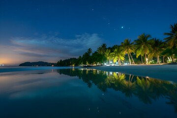 Windows 11 Wallpaper: Calm tropical coastline at dusk with still water and palm trees under a soft twilight sky reflecting ocean tranquility