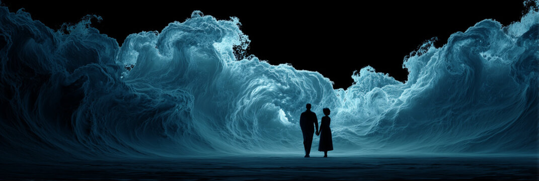 Happy couple facing ocean waves crash. abstract blue background for love, marriage