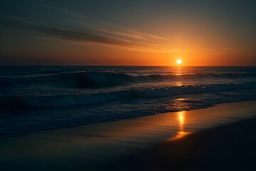 Windows 11 Wallpaper: Ocean sunset with waves washing over wet sand reflecting golden light and clouds glowing on the horizon
